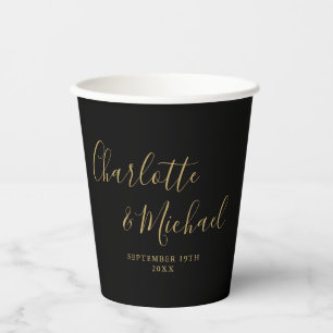 Elegante Signature Script Black and Gold Hochzeit Pappbecher