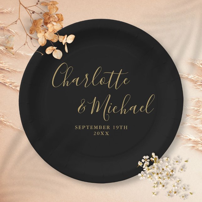 Elegante Signature Script Black and Gold Hochzeit Pappteller (Elegant Signature Script Black And Gold Wedding Paper Plates)