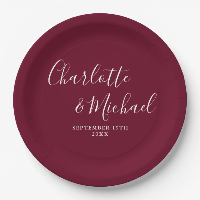 Elegante Signature Script Burgundy Hochzeit Pappteller (Vorderseite)