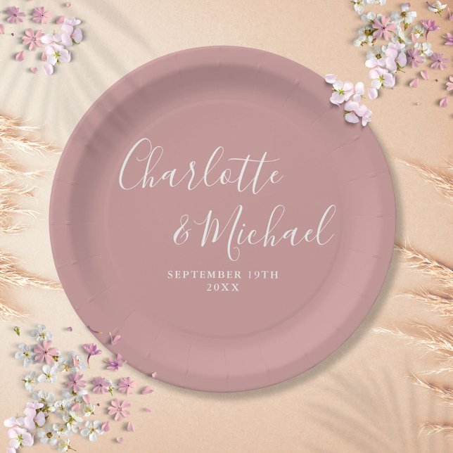 Elegante Signature Script Dusty Rose Hochzeit Pappteller (Elegant Signature Script Dusty Rose Wedding Paper Plates)