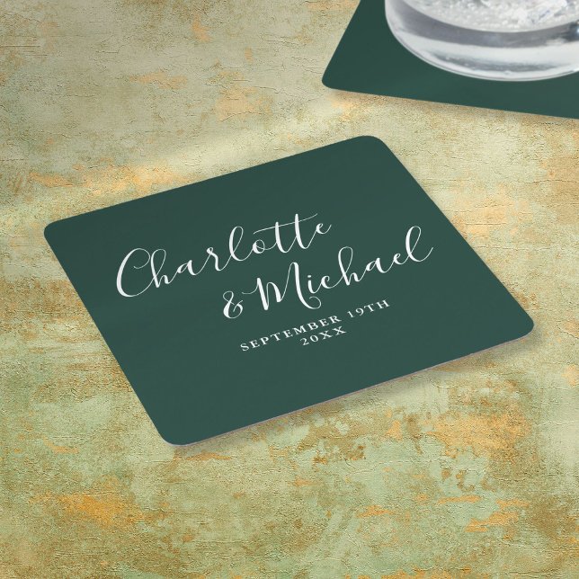 Elegante Signature Script Emerald Green Wedding Rechteckiger Pappuntersetzer (Elegant Signature Script Emerald Green Wedding Square Paper Coaster)
