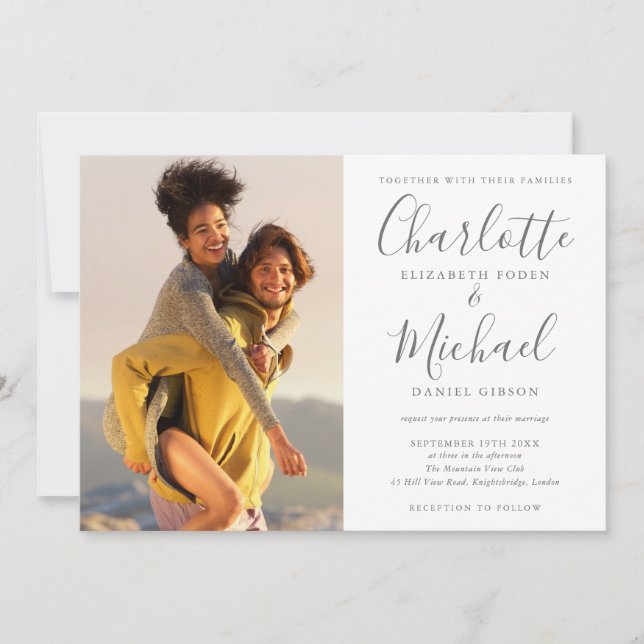 Elegante Signature Script-Fotos Hochzeit Einladung (Vorderseite)