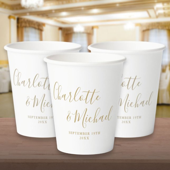 Elegante Signature Script Gold-Hochzeit Pappbecher (Elegant Signature Script Gold Wedding Paper Cups)