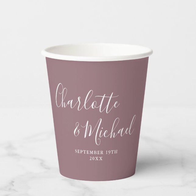 Elegante Signature Script Mauve Wedding Pappbecher (Vorderseite)