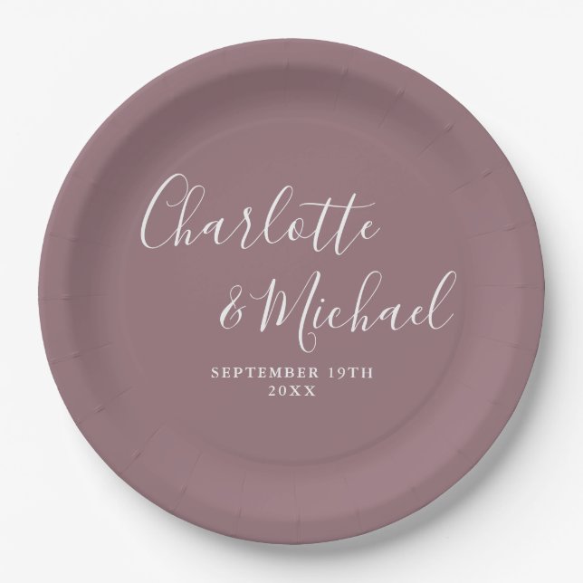 Elegante Signature Script Mauve Wedding Pappteller (Vorderseite)