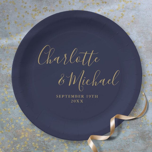 Elegante Signature Script Navy Blue Gold Hochzeit Pappteller (Elegant Signature Script Navy Blue Gold Wedding Paper Plates)