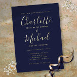 Elegante Signature Script Navy Blue Wedding Gold Folieneinladung<br><div class="desc">Diese elegante,  in Goldfolie blau gehaltene Hochzeitseinladung kann mit Ihren Informationen in schicker Schrift personalisiert werden. Entwickelt von Thisisnotme©</div>