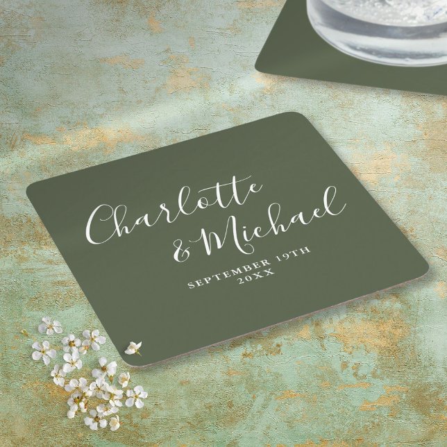 Elegante Signature Script Olive Green Wedding Rechteckiger Pappuntersetzer (Elegant Signature Script Olive Green Wedding Square Paper Coaster)
