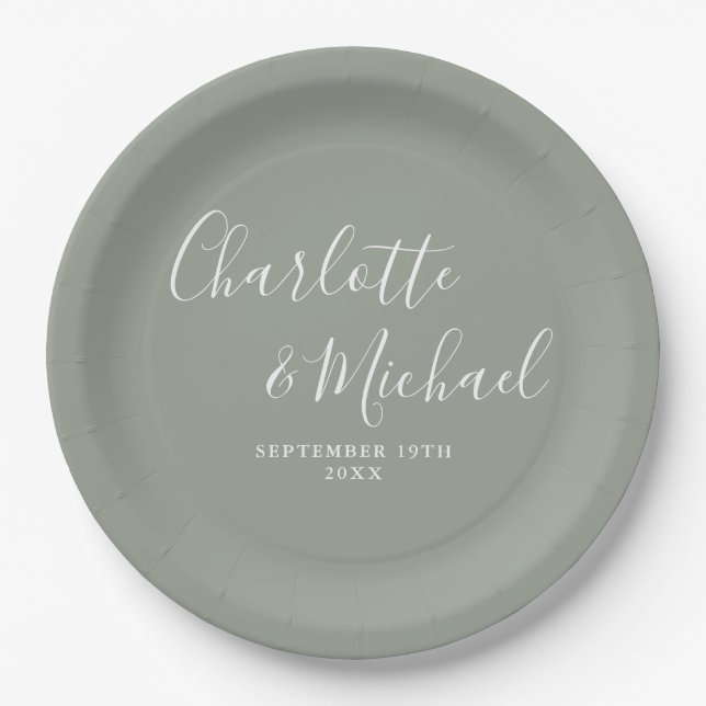 Elegante Signature Script Sage Green Wedding Pappteller (Vorderseite)