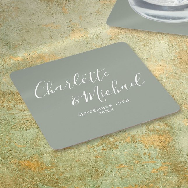 Elegante Signature Script Sage Green Wedding Rechteckiger Pappuntersetzer (Elegant Signature Script Sage Green Wedding Square Paper Coaster)