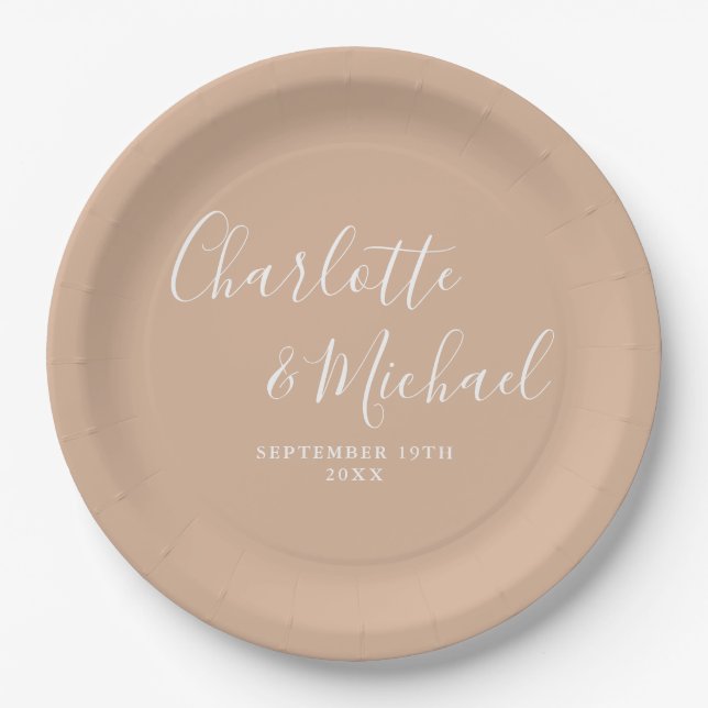 Elegante Signature Script Tan Taupe Hochzeit Pappteller (Vorderseite)