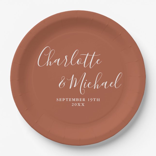 Elegante Signature Script Terracotta Wedding Pappteller (Vorderseite)