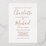 Elegante Signature Script Wedding Rose Gold Folieneinladung<br><div class="desc">Mit echter Goldfolie und charakteristischen Stilnamen kann diese elegante Hochzeitseinladung mit Ihren Informationen in schicken Schriften personalisiert werden. Entwickelt von Thisisnotme©</div>