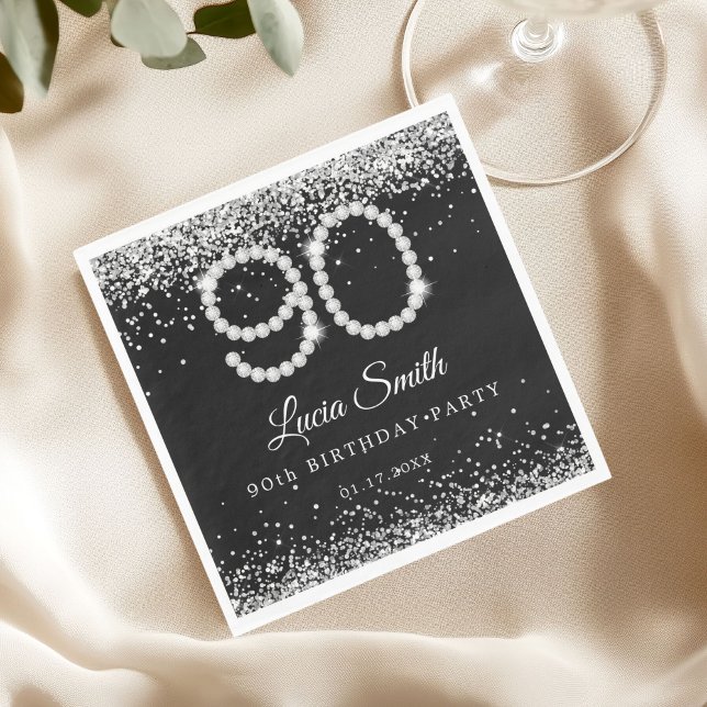 Elegante Silber-Diamanten 90. Geburtstagsfeier Serviette (Diamonds 90th Birthday Table Napkin)