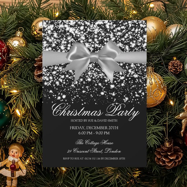 Elegante Silber Glamour-Schleife Weihnachtsfeier  Einladung (Elegant Silver Glam Bow Christmas Party Invitation)