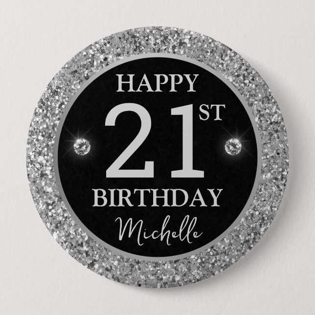 Elegante Silber Glitter Diamanten Geburtstag Button (Vorderseite)
