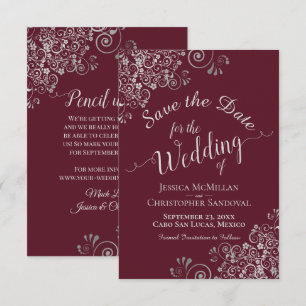 Elegante Silber Graue Spitze Rüschen Burgunder Hoc Save The Date
