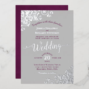 Elegante Silber-Lace-Cassis-Lila auf grauer Hochze Folieneinladung