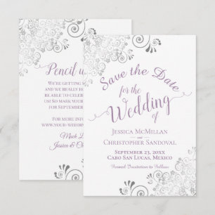 Elegante Silber-Lace-Lavendel- und weiße Hochzeit Save The Date