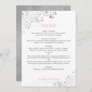 Elegante Silber Lace Pink & Gray auf White Wedding Menükarte