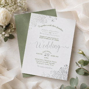 Elegante Silber Lace & Sage Green auf White Weddin Folieneinladung