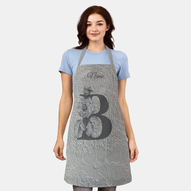 Elegante Silber-Pfingstrose mit Monogramm Anfangsb Schürze (Getragen)