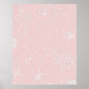 Elegante Silber-Rose floral Zeichnend rosa Design Poster
