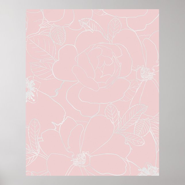 Elegante Silber-Rose floral Zeichnend rosa Design Poster (Vorne)