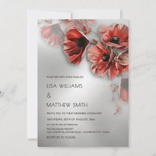 Elegante Silber-Rote Blumen Foto-Hochzeit Einladung