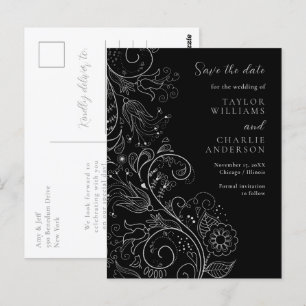 Elegante silber-schwarze Blumenhochzeit - Save The Postkarte