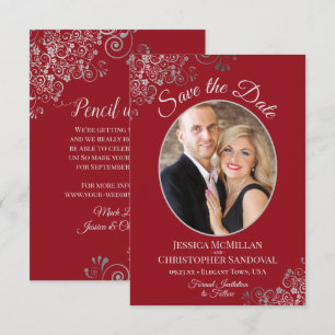 Elegante Silber-Spitze auf rotem Hochzeitsfoto Save The Date