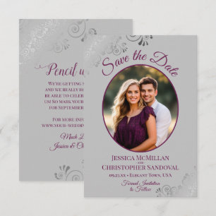 Elegante Silber-Spitze Magenta auf Grau Foto-Hochz Save The Date