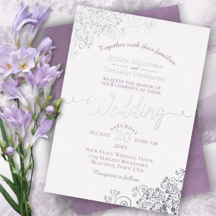 Elegante Silber-Spitze und Lavendel auf weißer Hoc Folieneinladung