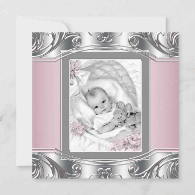 Elegante Silber und Pink Baby Girl Dusche Einladung (Vorderseite)