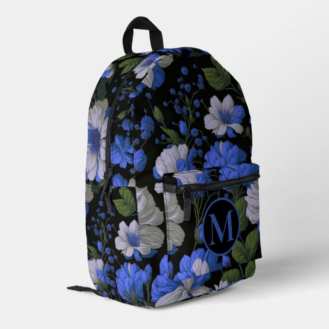 Elegante silberblaue, elegante Retrofloralen Bedruckter Rucksack (Rückseitige Ecke links)