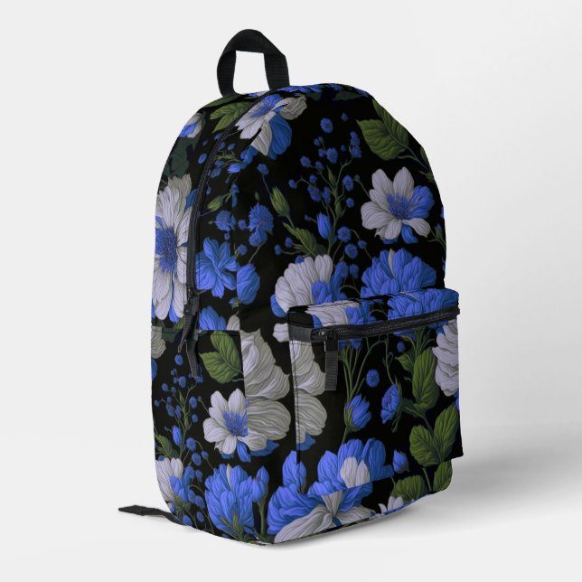 Elegante silberblaue, elegante Retrofloralen Bedruckter Rucksack (Rückseitige Ecke links)