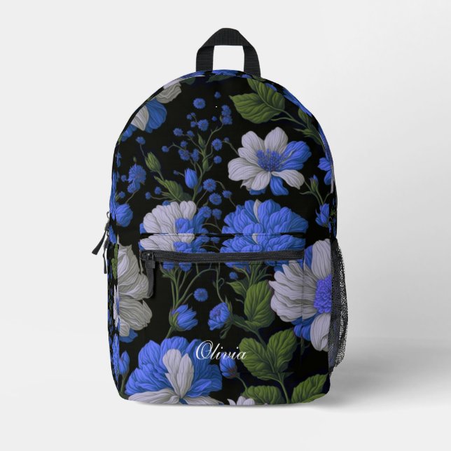 Elegante silberblaue, elegante Retrofloralen Bedruckter Rucksack (Vorderseite)