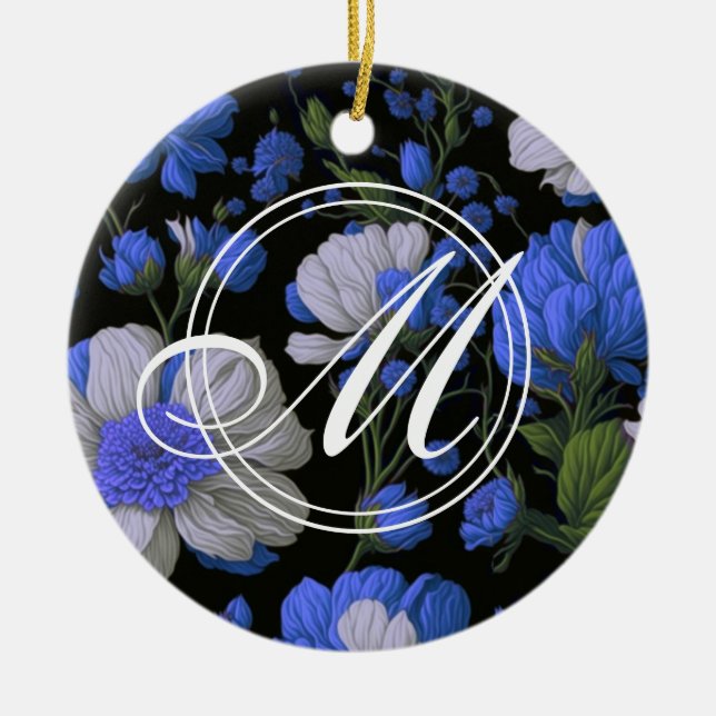 Elegante silberblaue, elegante Retrofloralen Keramik Ornament (Vorne)