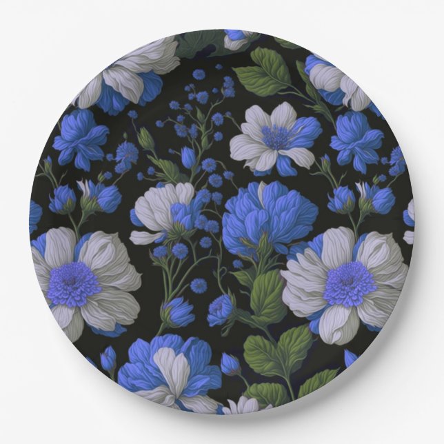 Elegante silberblaue, elegante Retrofloralen Pappteller (Vorderseite)