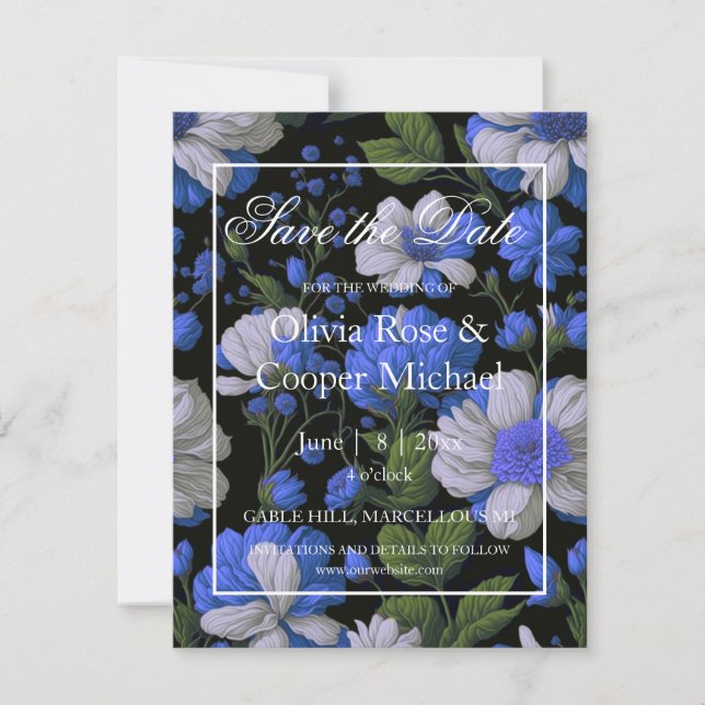 Elegante silberblaue, elegante Retrofloralen Save The Date (Vorderseite)