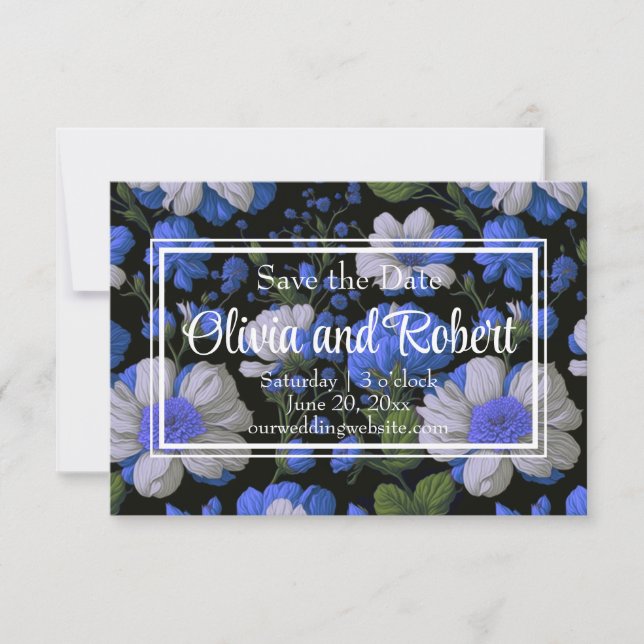 Elegante silberblaue, elegante Retrofloralen Save The Date (Vorderseite)