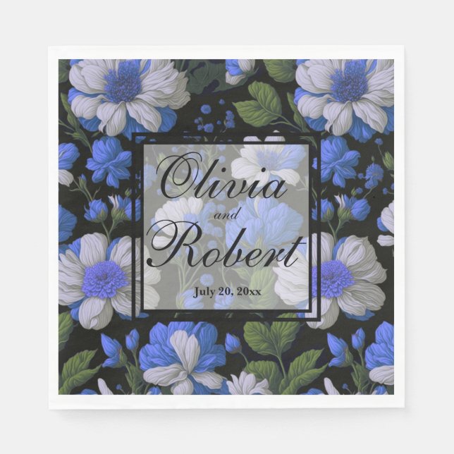 Elegante silberblaue, elegante Retrofloralen Serviette (Vorderseite)