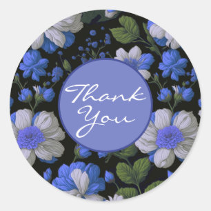 Elegante silberblaue weiße elegante Retro-Blumen Runder Aufkleber