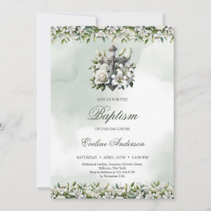 Elegante silberfarbene, kreuz-weiße Lilien Taufe Einladung