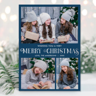 Elegante Silberfolie blau Frohe Weihnachten 3 Foto Folien Feiertagskarte
