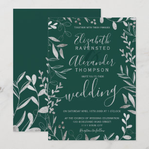 Elegante Silberfolie smaragdgrüne Blumenhochzeit Einladung