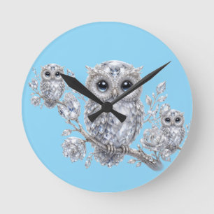 Elegante silberne Eulen-Botanik-Magie-Nacht-Dekora Runde Wanduhr