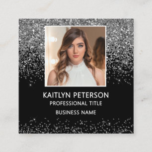 Elegante silberne Glitter-Foto-QR-Code-Schwarz Quadratische Visitenkarte