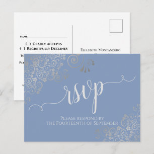 Elegante silberne Kalligrafie Hellblaue Hochzeits- Postkarte