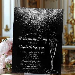 Elegante silberne Konfetti-Glas schwarze Pensionie Einladung